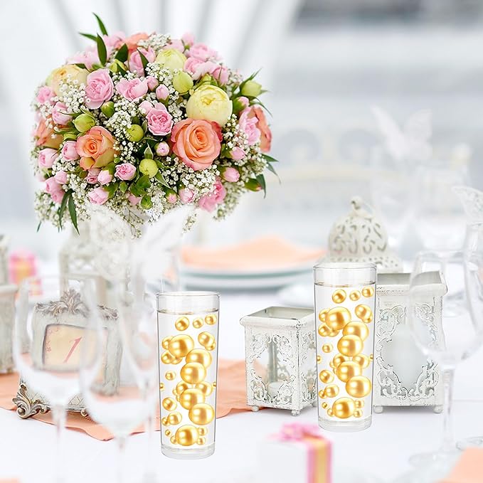 Vase Fillers: 100 No-Hole Golden Faux Pearl Beads in 3 Sizes