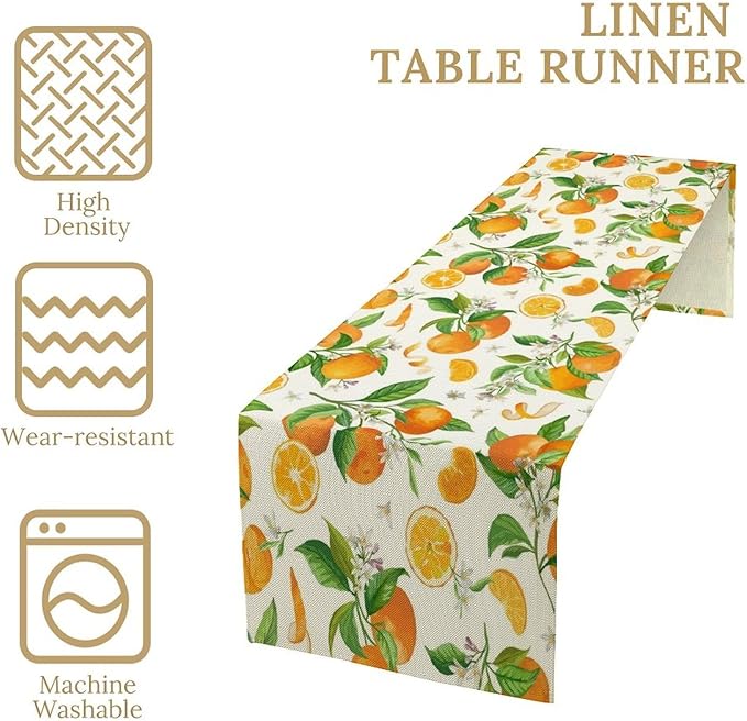 Spring Summer Orange Table Runner Vintage Citrus Lemon Fruit Mandarin Floral Dinner Runner for Farmhouse Baby Shower Party Holiday Home Kitchen Dining Table Decor 13x60