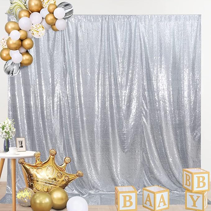SquarePie Sequin Backdrop Not See Through Thick Background Glitter Curtain Party 20FT x 10FT Silver
