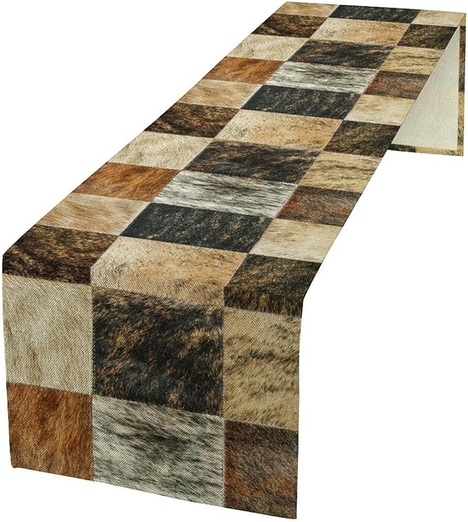 Rustic Cow Skin Patchwork Print Table Runner, Farmhouse Country Western Style Fur Table Cover for Dinning Home Party Holidays Home Setting, 13x108 Inch
