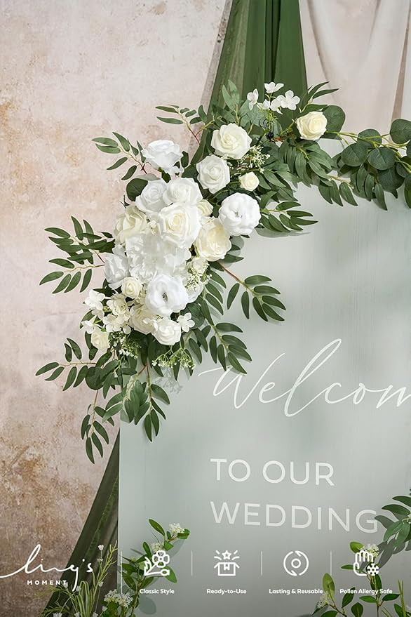 Artificial Flowers for Wedding Arch, 4-Piece Set in White and Sage
