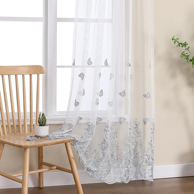 VISIONTEX White Sheer Voile Curtains, Decorative Blue Embossed Butterflies Rod Pocket Window Drapes for Home Kitchen, Living Room and Bedroom 54 x 72 Inch, Set of 2 Curtain Panels