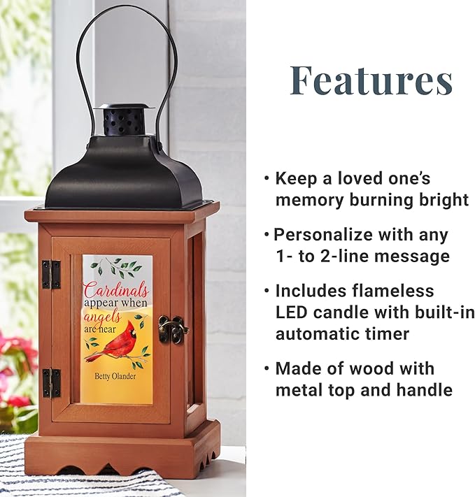 Decorative Candle Lantern, Wood Memorial with LED, 12 Inch Cardinal