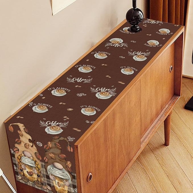 Coffee Time Table Runner, Farmhouse Retro Gnome Coffee Cup Tea Party Cafe Brwon Table Center Decor for Home Kitchen Dining Patio Holiday Party Indoor Outdoor Table Decorations,13"x72" Inch