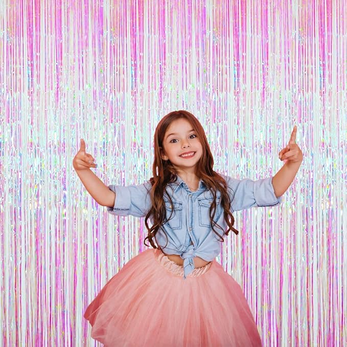 GOER 3.2 ft x 9.8 ft Metallic Tinsel Foil Fringe Curtains Party Photo Backdrop Party Streamers for Birthday,Graduation,New Year Eve Decorations Wedding Decor (Iridescent,5 pcs)