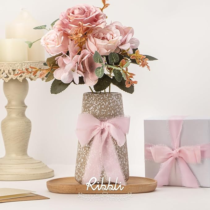 Ribbli Pale Blush Ribbon 1 Inch x 3 Rolls Total 24 Yards Light Pink Handmade Fringe Chiffon Silk Ribbon for Wrapping Wedding Invitations Bridal Bouquets DIY Crafts Home Decor