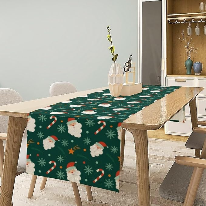 Christmas Table Runner,Seasonal Winter Xmas Holiday Green Table Cloth Kitchen Dining Table Decoration for Home Party Decor 13x60 Inch