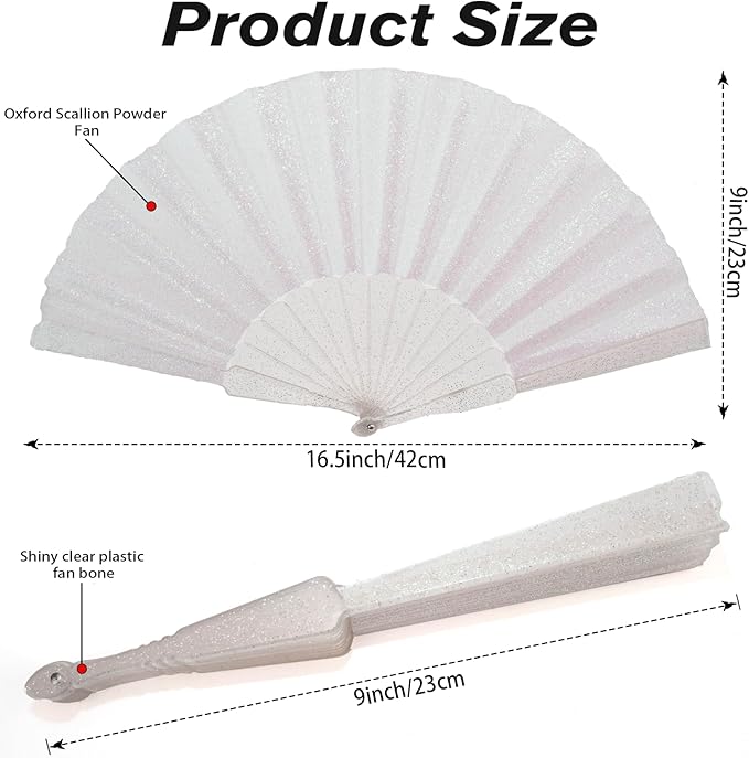 12 Pack Handheld Fan,Folding Hand Glitter Fan with Shining Transparent Fan Rib – Ideal for Wedding, Church, Festival, Dance, Tea Party, Club, and EDM Accessories, White