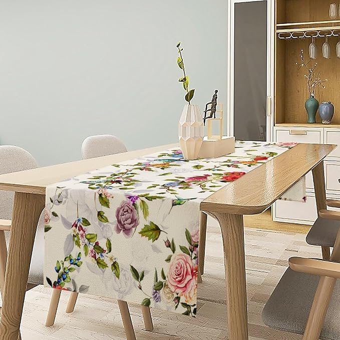 Vintage Bird Flower Table Runner Seasonal Spring Summer Garden Plants Farmhouse Country Kitchen Dinner Runner Dining Table Decoration for Home Party Holiday 13"x36"