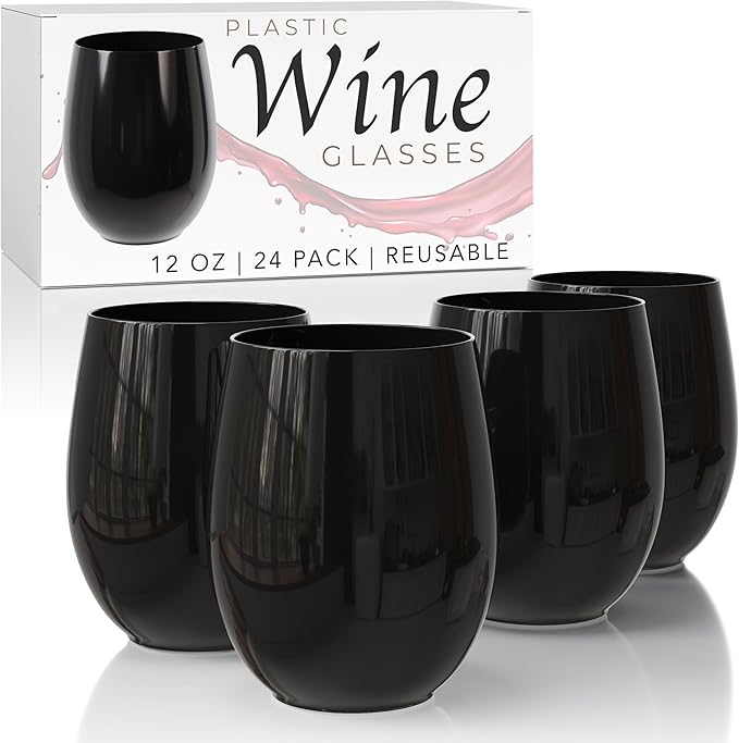 Stemless Wine Glasses, 24 Pack Black Disposable Plastic 12 oz Party Set