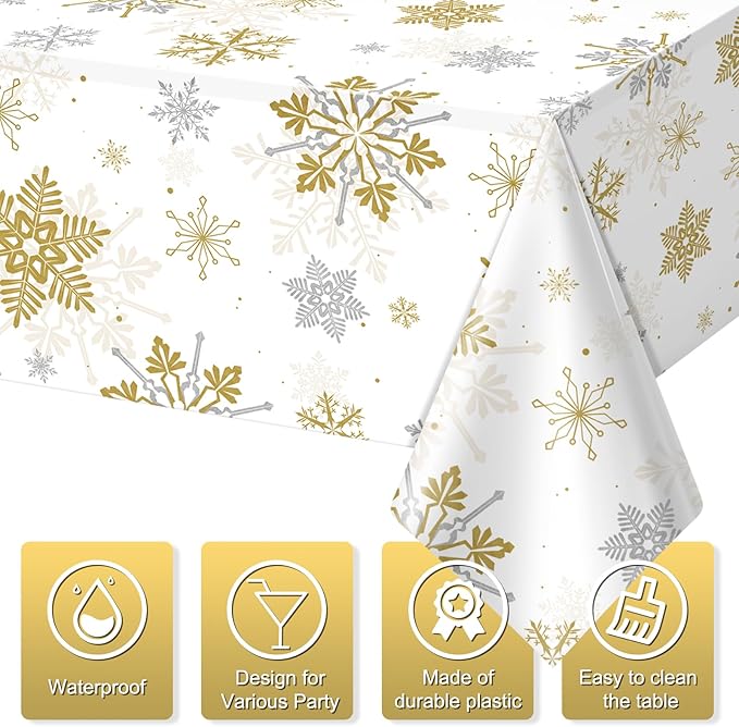 6Pcs Christmas Snowflake Party Tablecloths Decorations,Plastic White and Gold Table Cloth,Winter Rectangle Table Cover for Christmas New Year Birthday Baby Shower Holiday Party Decorations,54x108 inch