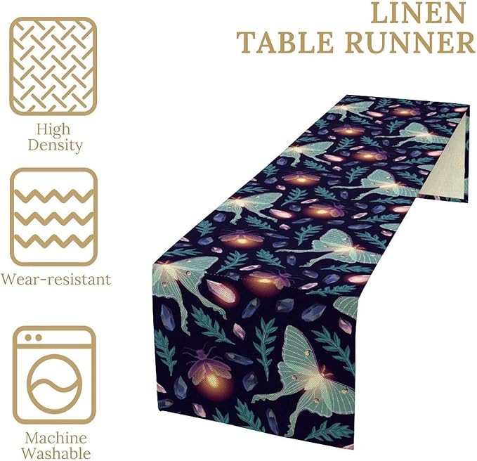 Moth Table Runner, Retro Boho Aesthetic Blue Moth Magic Table Runner for Home Kitchen Dining Party Indoor Outdoor Decoration 13x120 Inch