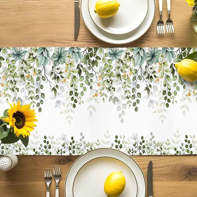 Sage Green Eucalyptus Cotton Linen Table Runner for Dining Kitchen, Farmhouse Leaves Wedding Outdoor Party Tablerunners Decoration Botanical Floral Dresser Scarf Coffee Tablecloth Runners 13x36 Inches