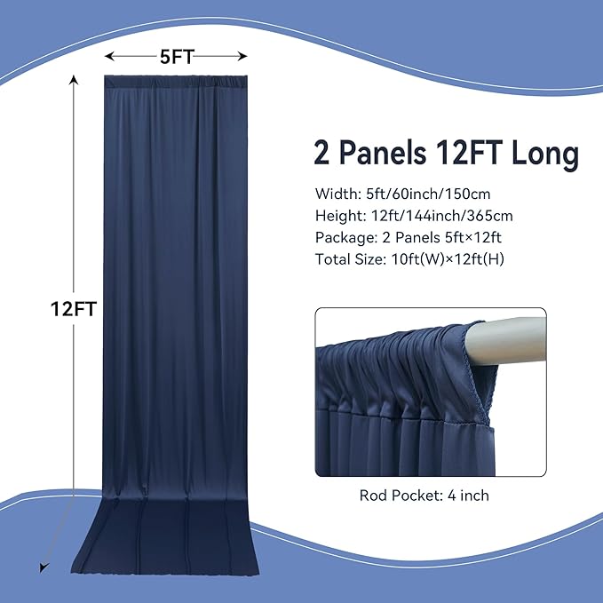 10×12ft Navy Blue Wrinkle Free Backdrop Curtain for Wedding Parties, 2 Panels 5×12ft Long Soft Silky Polyester Backdrop Drapes Photo Back Drop Curtains for Birthday Photography Background Cloth