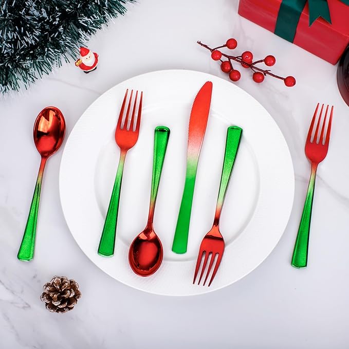 Plastic Spoons Christmas Party Set, 200 Pieces, Red and Green Disposable