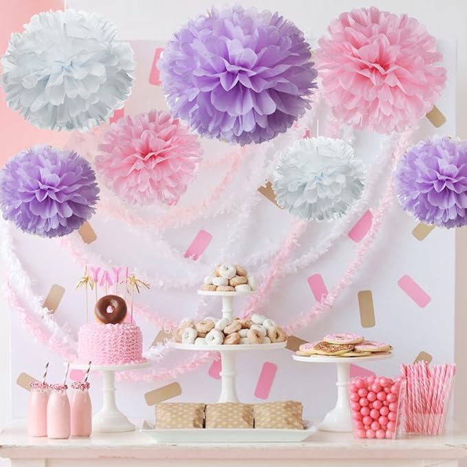 Tissue Paper Pom Poms Set, 18 Pieces in Pink, Purple and White
