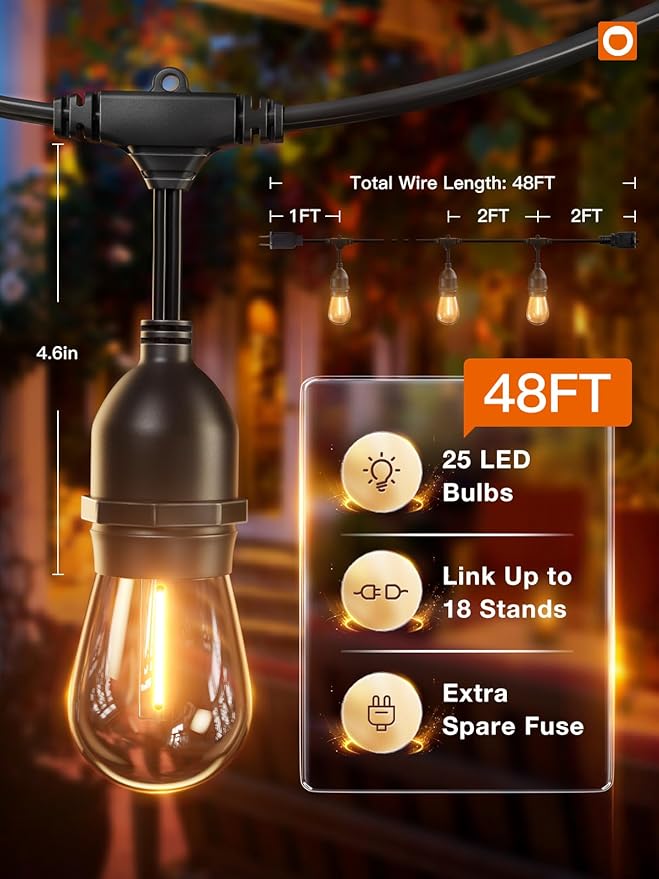 String Lights 48 FT Warm White LED Patio Lights with 25 Shatterproof Bulbs