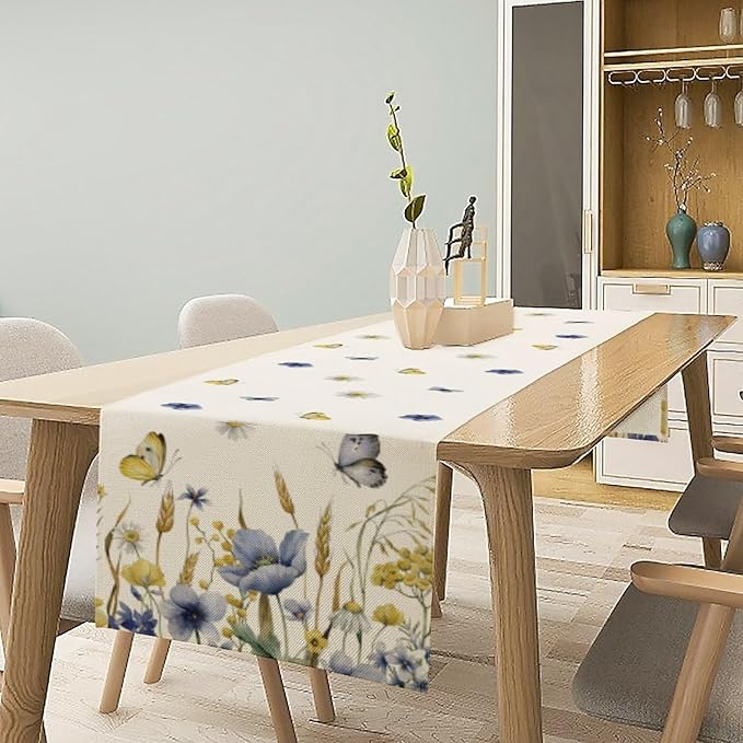 Floral Table Runner, Spring Watercolor Flower Plants Nature Butterfly Table Runner for Kitchen Dinner Living Room Home Party, 13x36 Inch