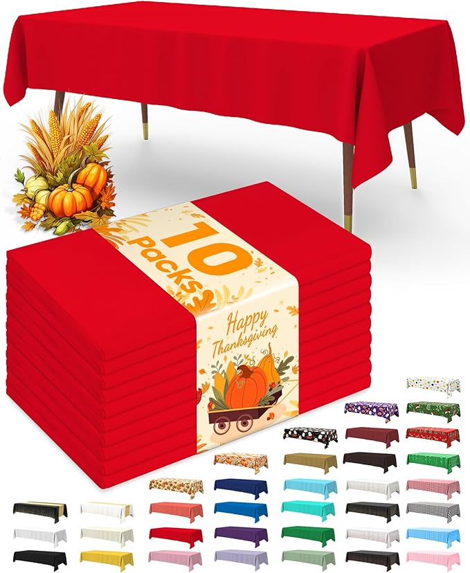 Pureegg Plastic Table Cloth Disposable 10 Pack, 54 x 108 Inch Table Cloths, Valentines Day, Thanksgiving, Christmas Decorations, Fall Tablecloths, Rectangle, Plastic Cover, Leakproof & Sturdy, Red