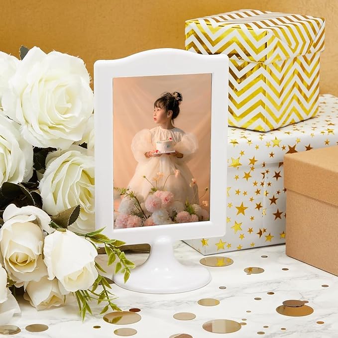 NahNah Double Sided Standing Picture Frames - (White, 8 Count) 4x6 Inch, Plastic Pedestal Photo Frame with Inserts and Base - 2 Sided Tabletop Vertical Display Frame for Wedding Table Bridal