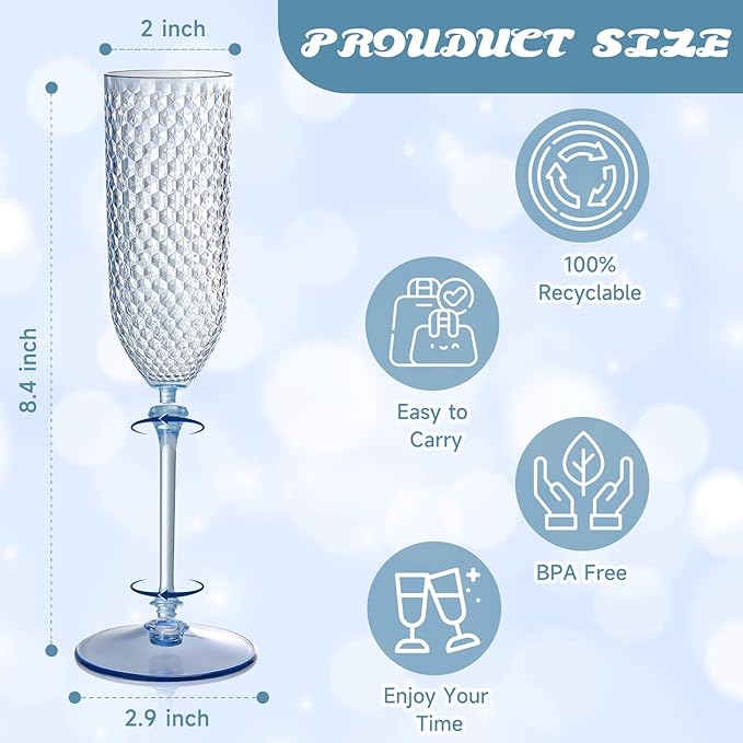 Champagne Glasses 24 Pack, 5.5 oz Detachable Dusty Blue Plastic Flutes