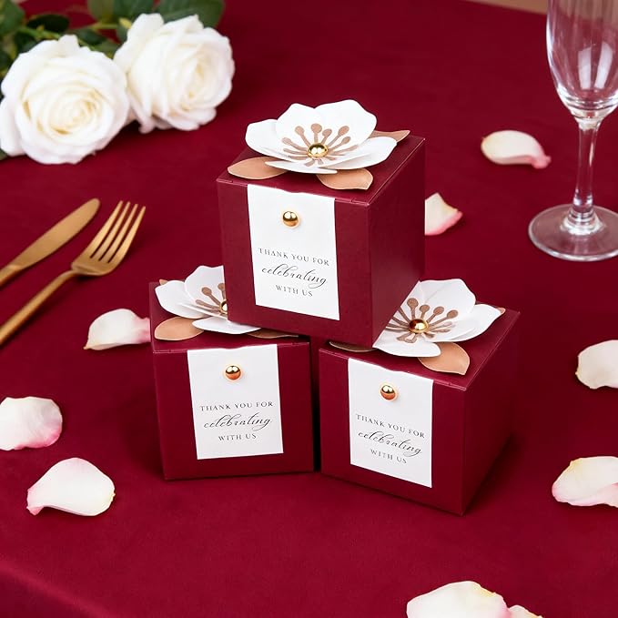 Gift Boxes, 20 Burgundy Favor Boxes with White Floral Decor and Tags