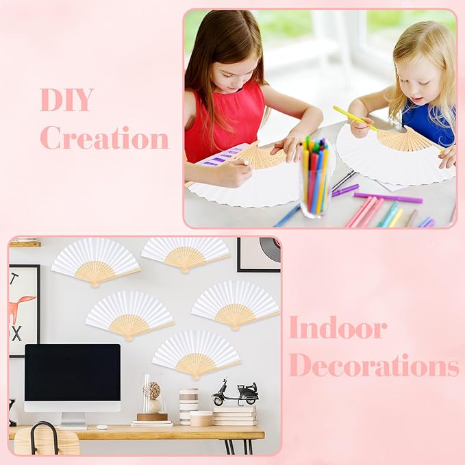 6 Pieces White Hand Held Bamboo Folding Fans Foldable Paper Fans Handheld for Women Girls Wedding DIY Decoration Church Home Party Favors Summer