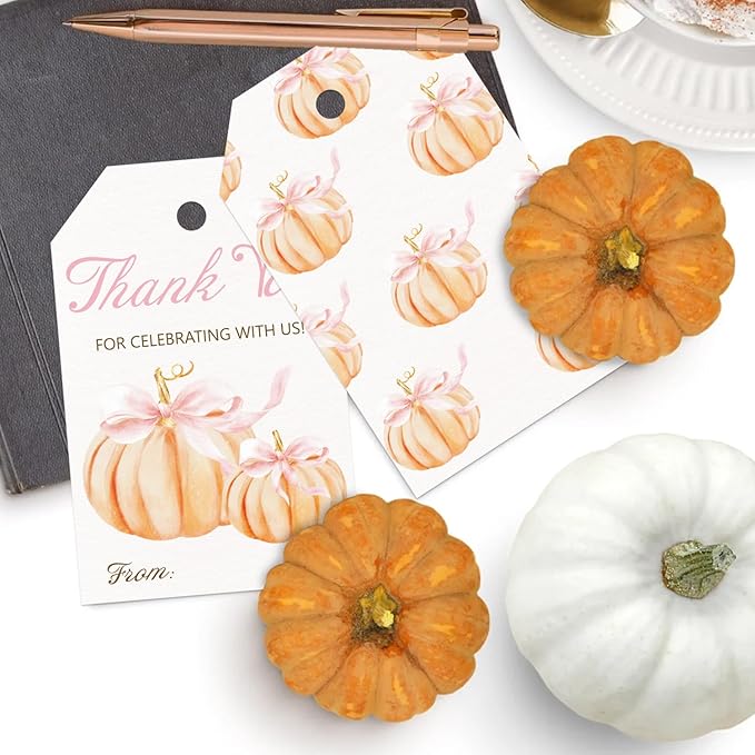 50pcs Little Pumpkin Thank You Tags, Pink Bow Fall Theme Favor Tags for Girl Coquette Baby Shower and Birthday Party Gift Wrapping Decoration (Pink Bow)