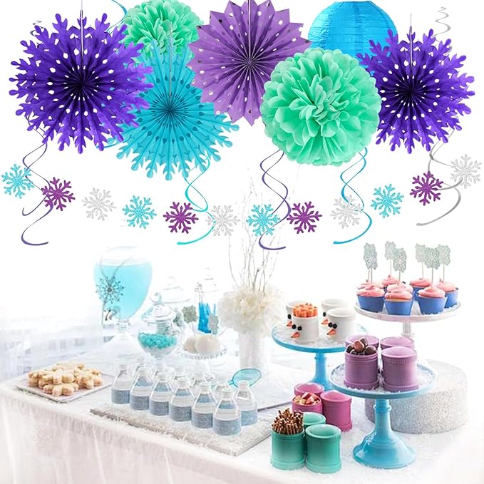 Banners Winter Wonderland Party Kit, Paper Decor in Blue, Purple and Teal