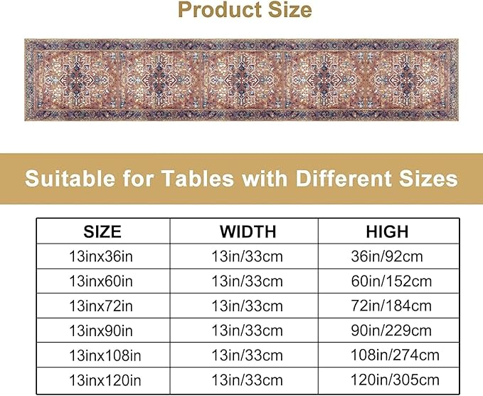 Boho Floral Vintage Table Runner, Purple Brown Retro Flower Rustic Country Farmhouse Abstract Pattern for Home Kitchen Table Decor Dining Coffee Room Party Decor 13x36in