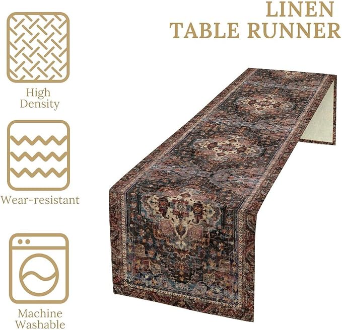 Vintage Boho Floral Table Runner, Rustic Country Farmhouse Black Bohemia Flower Pattern for Home Kitchen Table Decor Dining Coffee Room Party Decor 13x72in
