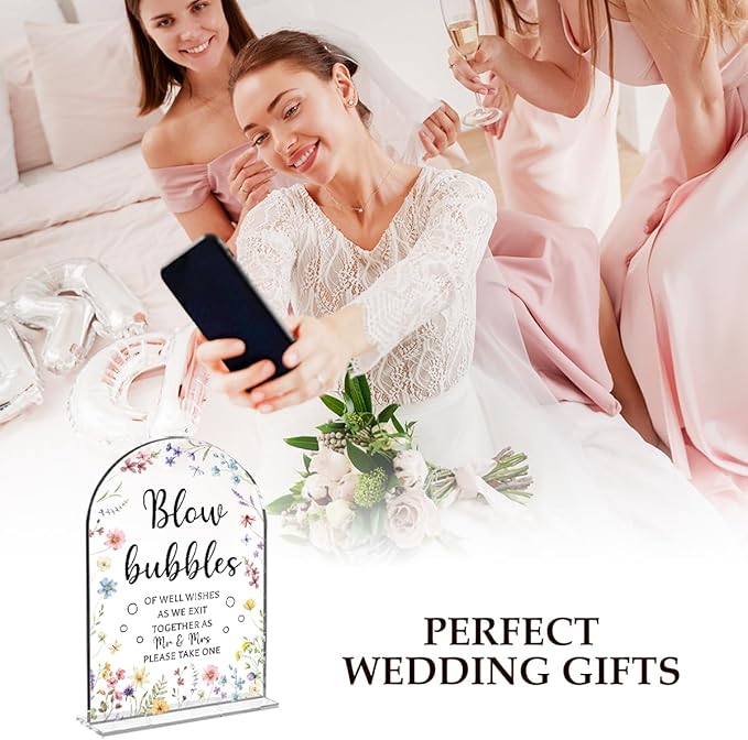 Wedding Sign Decor, Arch Acrylic 5x7 Inch, Blou Bubbles Sign Wedding Sign for Reception & Event, Bridal Shower Decorations, Wedding Table Sign Accessories for Anniversary And Party (Flower)