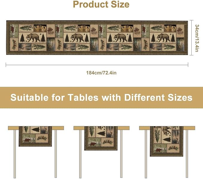 Country Lodge Bear Table Runner, Retro Vintage Bear Cottage Country Style Cabin Farmhouse Dinner Runner for Home Kitchen Dining Table Decoration,13x120 Inch