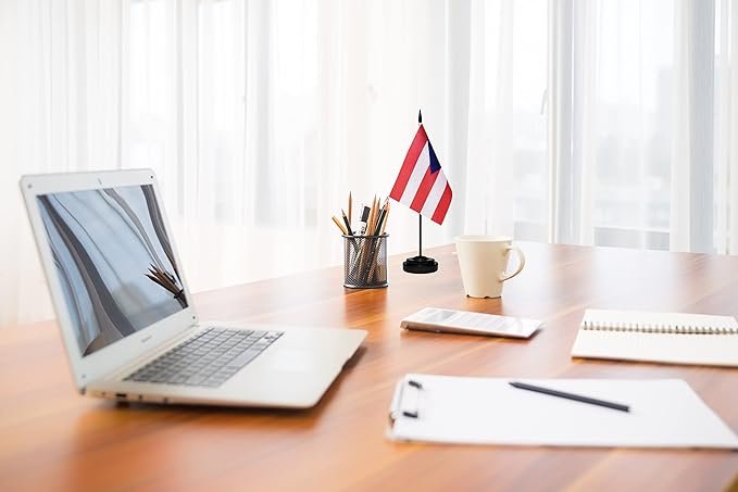 Puerto Rico Puerto Rican Deluxe Desk Flag Set Small Mini Miniature Puerto Rico Puerto Rican Table Desktop Flags With Solid Pole, Black Base and Spear Top(2 Pack)