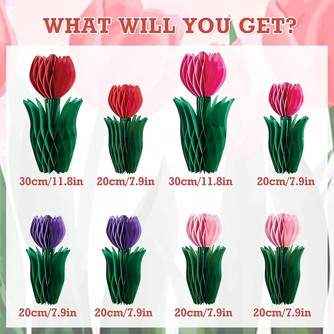 SUNBEAUTY 8 PCS Flower Honeycomb Decoration - Red Tulip Decor for Mother's Day and Spring - Table Centerpieces