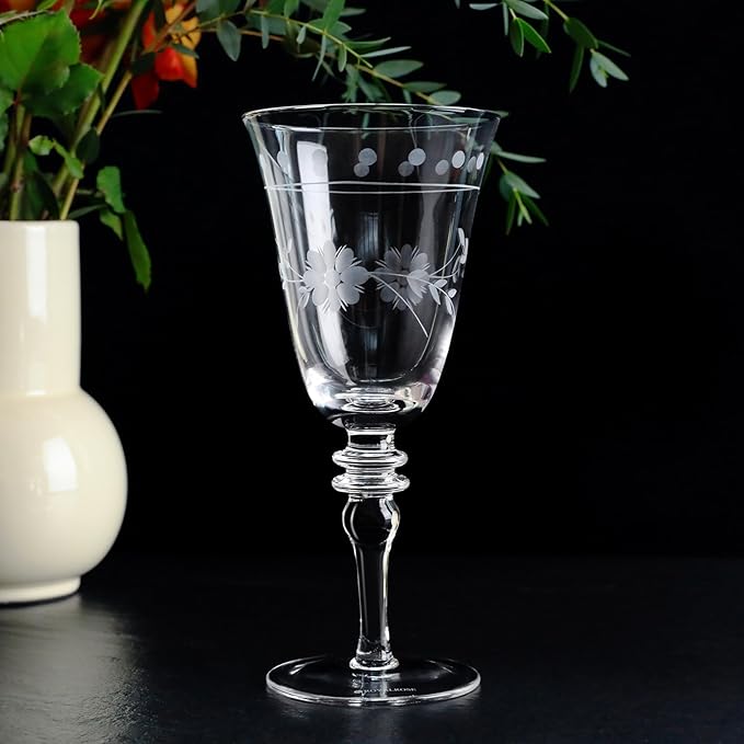 Premium Delight Wine Glasses Set of 4, 14.2 oz – Hand-Blown with Etched Long Stem, Classic Glassware for Weddings, Dinners, and Holiday Gifting (Vintage Wine Glasses)