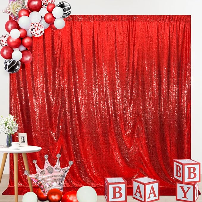 SquarePie Sequin Backdrop Curtain Not See Through Thick Glitter Background for Party 10FT x 10FT Red