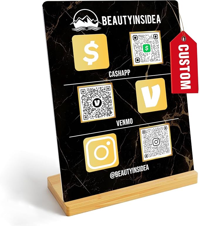 Personalized Custom Metal QR Code Sign Venmo Cashapp Scan to Pay with Stand Instagram Facebook Social Media QR Signs Bar Code QR Plaque Print for Business Salon Beauty Store Restaurant Wifi Sign