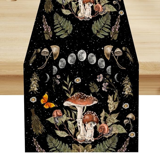 Mushroom Kitchen Table Runner, Boho Vintage Wild Flower Gothic Witchy Moonlit Forest Plant Table Runner for Bedroom Living Room Kitchen Dinner Table, 13x36 Inch