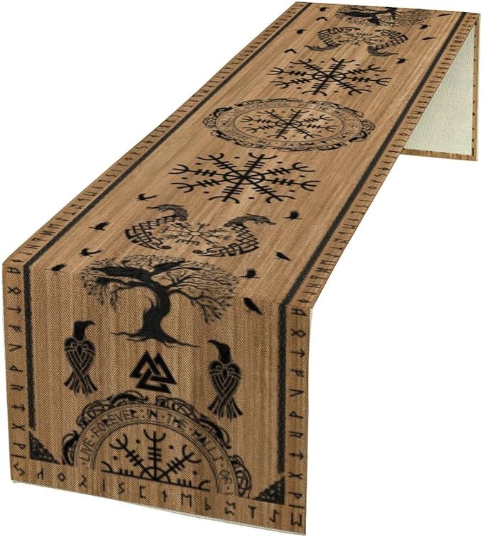 Viking Tree of Life Table Runner, Wooden Printed Eagle Dragon Boat Rudder Seasonal Kitchen Dining Table Decoration for Home Party 13x36 Inch