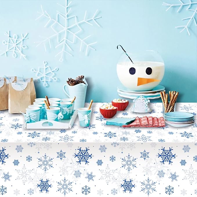 12 Pieces Snowflake Christmas Party Tablecloth Decorations,Plastic White Snowflake White Blue Xmas Backdrop Sign Table Cover Banner for Winter Christmas Holiday Party Supplies,54x108 inch（White/Blue）
