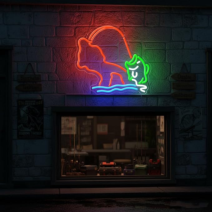 Fishing Neon Sign,Neon fish Sign,Neon Signs for Wall Decor,LED Light Up Man Cave Sign with Fish Rod Graphic,Cool Gifts for Fishermen,Bar,Cabin,Rustic Lake House,USB Powered Neon Light
