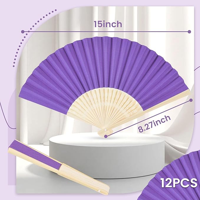 JOHOUSE 12 Packs Foldable Hand Fans, 8.3 Inch Purple Paper Fans Handheld for Purple Birthday Decorations, Wedding, Outdoor Party Favors, Baby Shower DIY Photography Props
