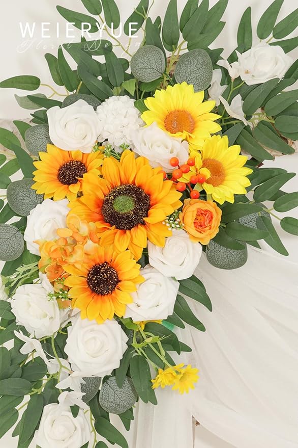 Artificial Wedding Arch Flowers Kit(Pack of 3),2Pcs Artificial Flower Arch Decor,1Pcs Sheer Drape for Wedding Ceremony Arbor for WeddingCeremony (Sunflower Wedding)