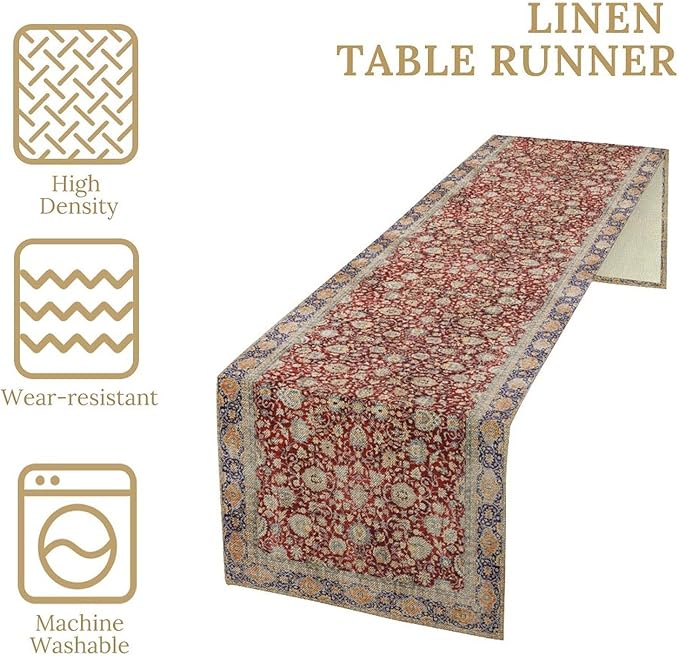 Boho Bohemia Style Table Runner, Vintage Red Blue Retro Flower Rustic Country Style Floral Print Pattern for Home Kitchen Table Decor Dining Coffee Room Garden Party Decor 13x108in