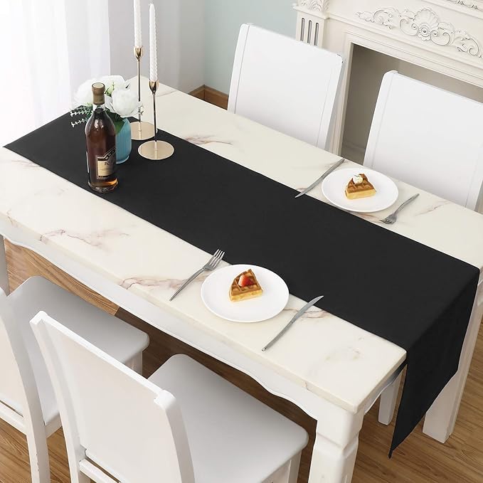 DUALIFE Jet Black Table Runner 14x72 inch Solid Color Thick Polyester Decorative Cloth Handcrafted for Wedding Party Birthday Graduations Banquet,Restaurant & Outdoors 2 Pieces