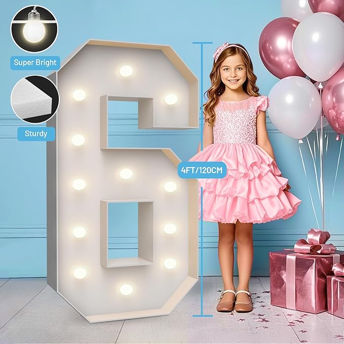 4FT Marquee Light Up Numbers 6,Party Decoration Large Marquee Light Up Letters with Weighted Water Bag,Pre-cut Foam Board Set Can Be Used for Birthdays,Weddings,Baby Anniversaries