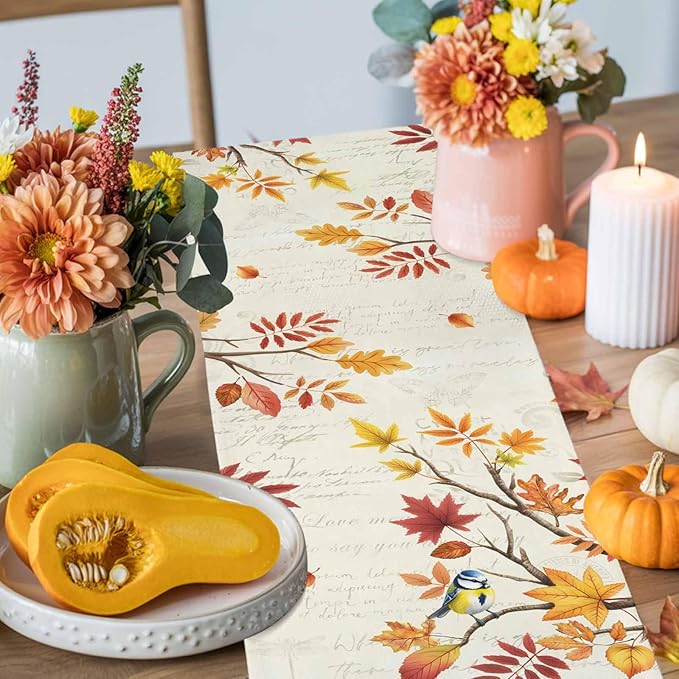 Thanksgiving Fall Cotton Linen Table Runner for Dining Kitchen, Blue Pumpkins Rustic Wedding Outdoor Party Autumn Tablerunners Decoration, Leaves Dresser Scarf Coffee Tablecloth Runners 13x90 Inches