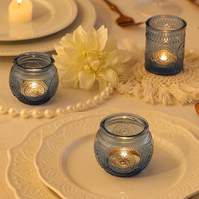 DARJEN Blue Votive Candle Holders Set of 36 - Votive Candle Holders Bulk, Glass Candle Holder for Party Decoration, Tea Lights Candle Holders for Wedding