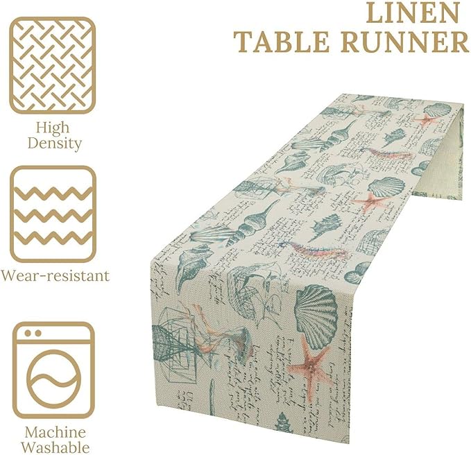 Starfish Table Runner,Seashells Beach Coastal Nautical Sailboat Jellyfish Vintage Hand Drawn Burlap for Hotel Indoors Outdoor Dining Room Kitchen Table Decor, 13x36in